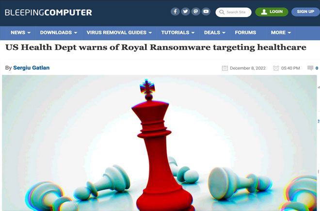 US Health Dept warns of Royal Ransomware targeting healthcare 