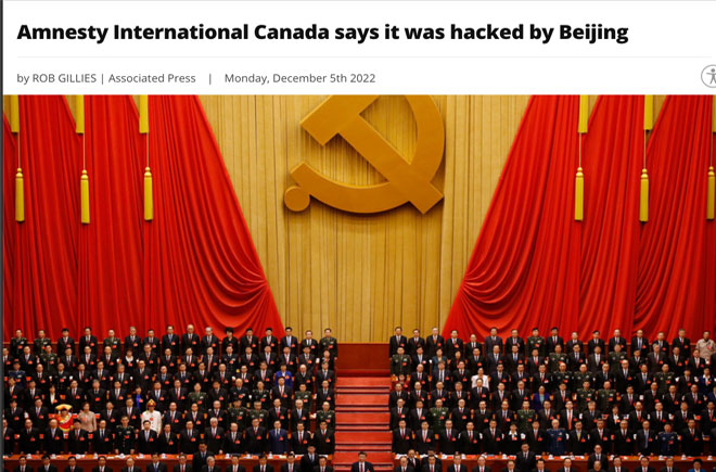 Amnesty International Canada says it was hacked by Beijing